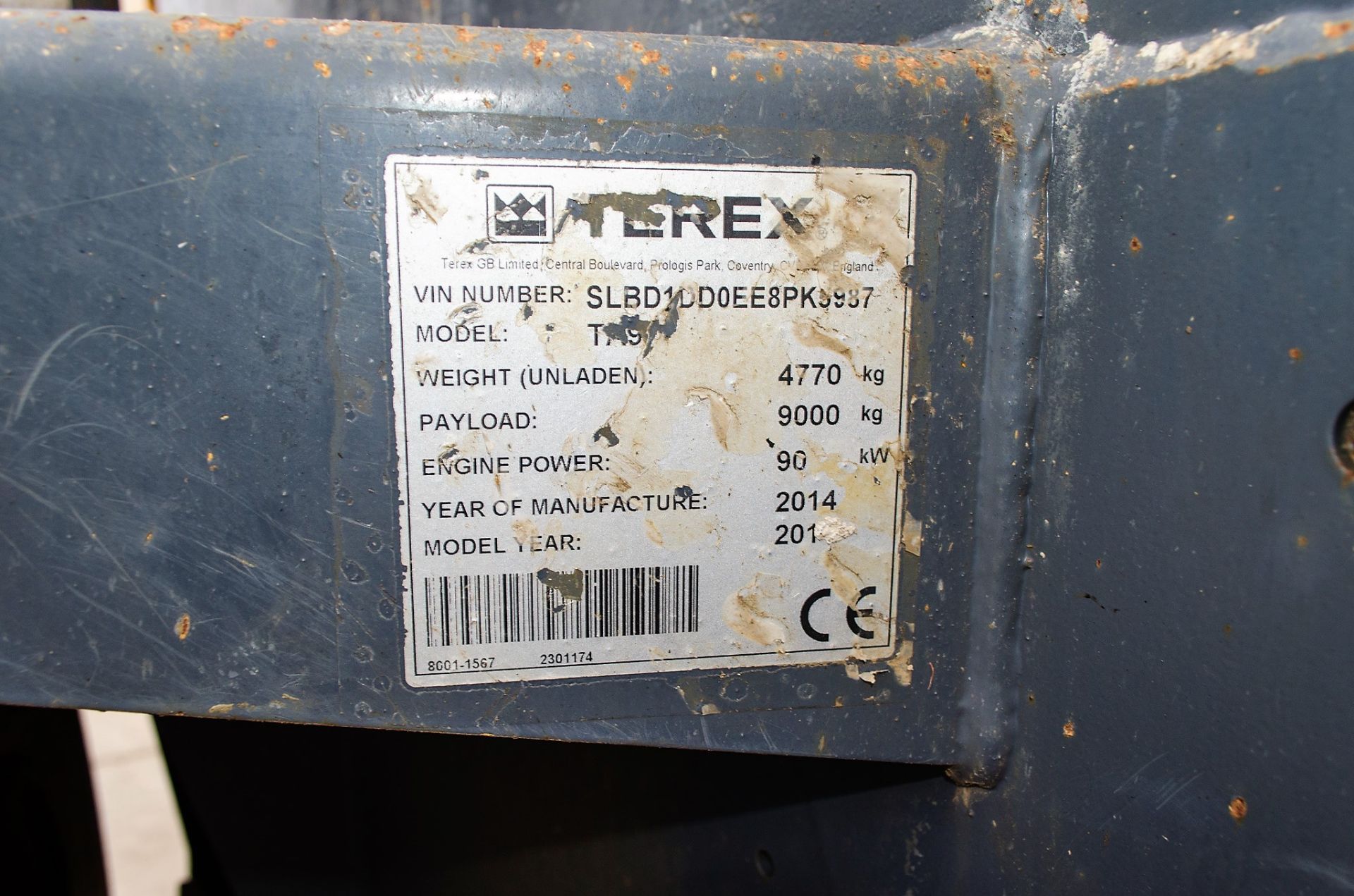 Terex TA9 9 tonne straight skip dumper Year: 2014 S/N: EE8PK5987 Recorded Hours: Not displayed ( - Image 20 of 20