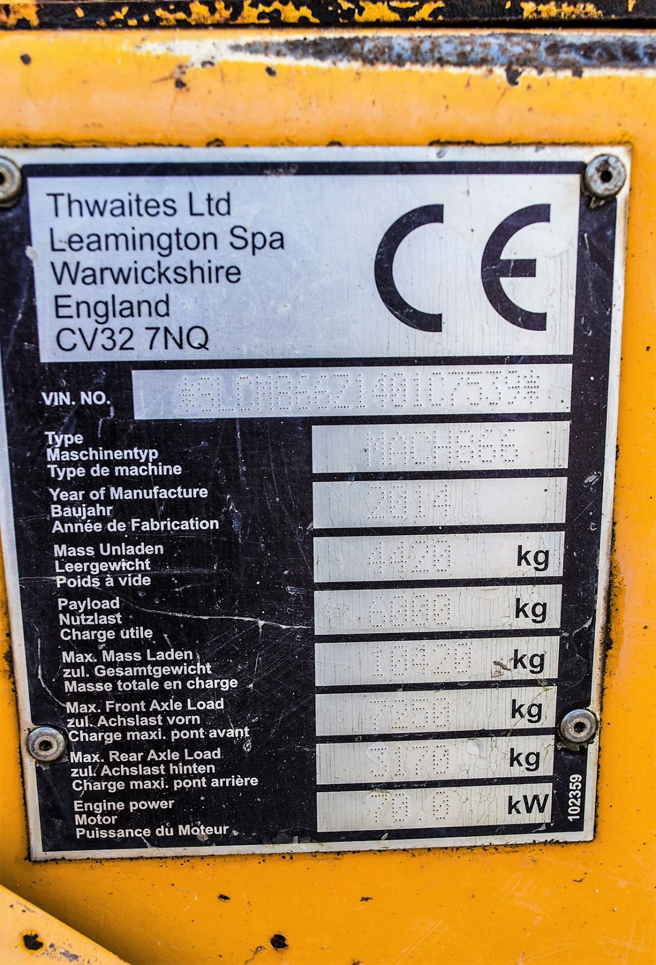 Thwaites 6 tonne swivel skip dumper Year: 2014 S/N: 1C7539 Recorded Hours: 1858 c/w V5C registration - Image 20 of 20