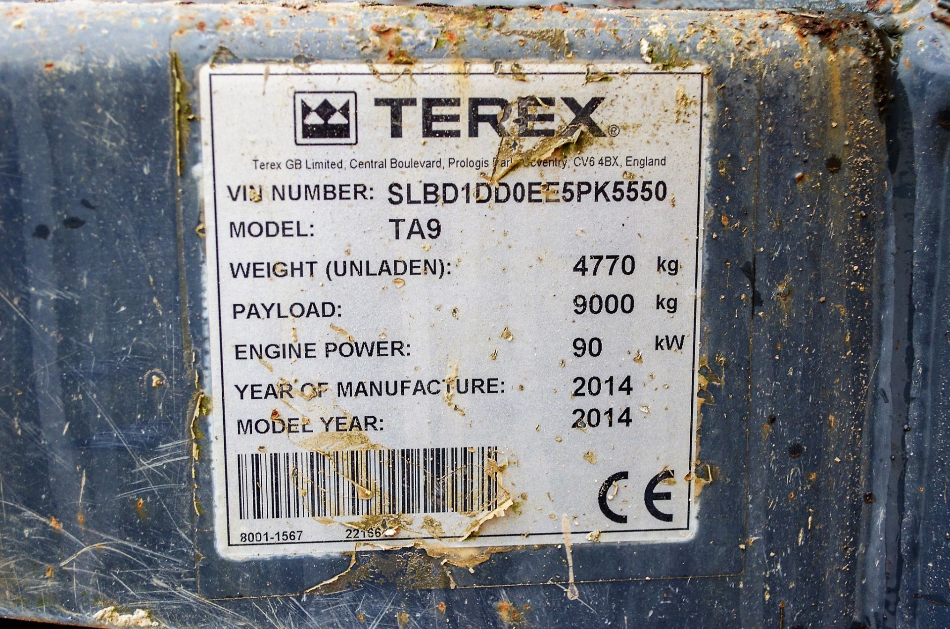 Terex 9 tonne straight skip dumper Year: 2014 S/N: EE5PK5550 Recorded Hours: Not displayed (Clock - Image 21 of 21