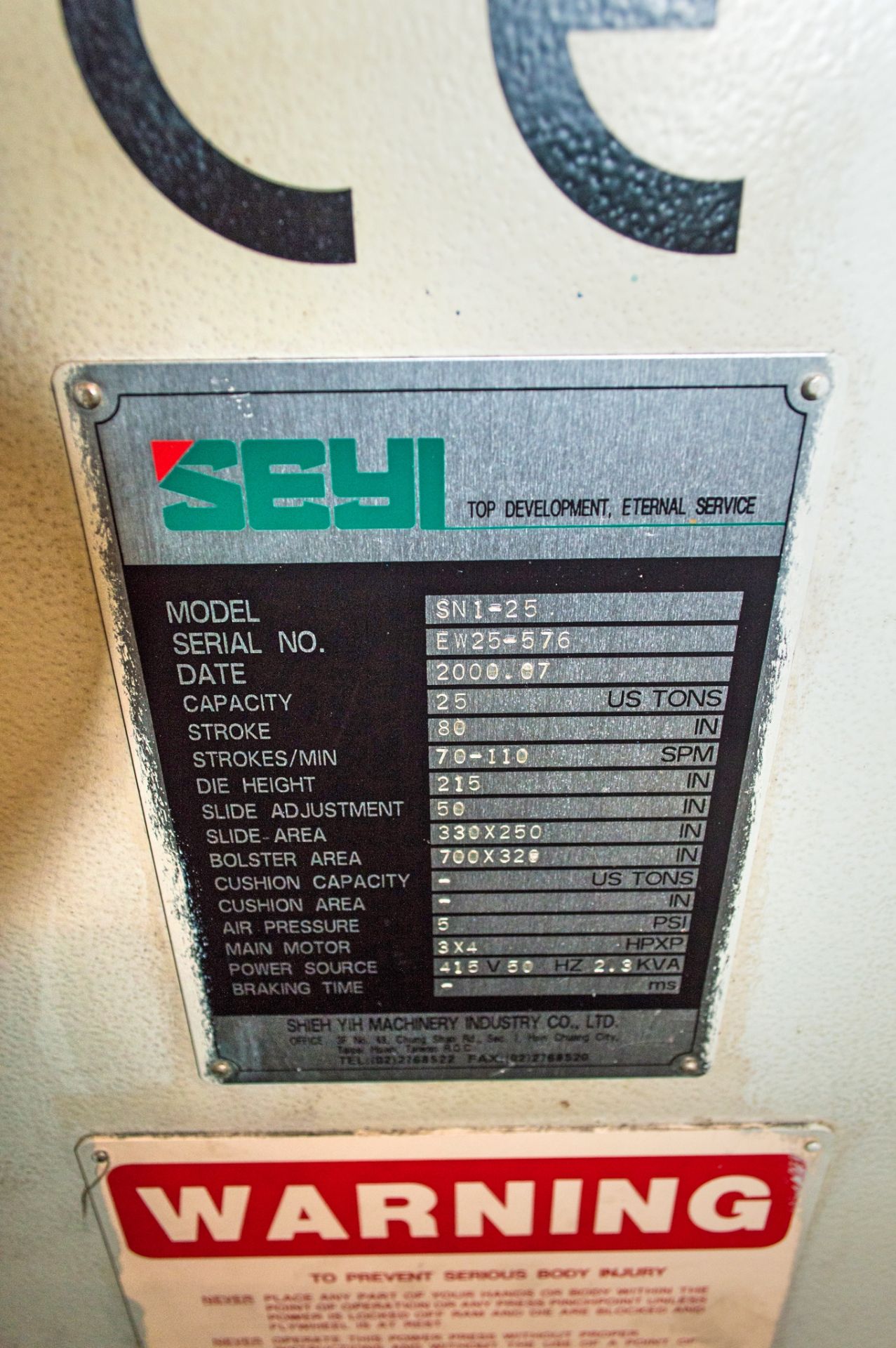 Seyi SN1-25 C frame 25 tonne mechanical power press Year of manufacture: 2000 S/N: EW25-576 c/w - Image 8 of 8