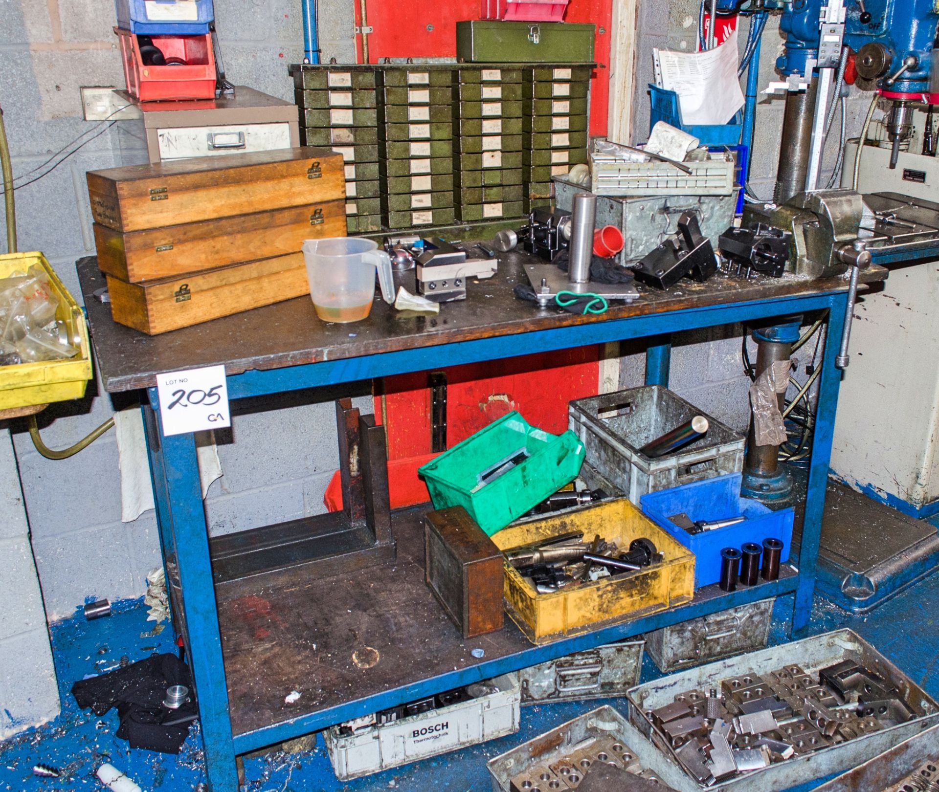 Wooden topped steel work bench c/w bench vice