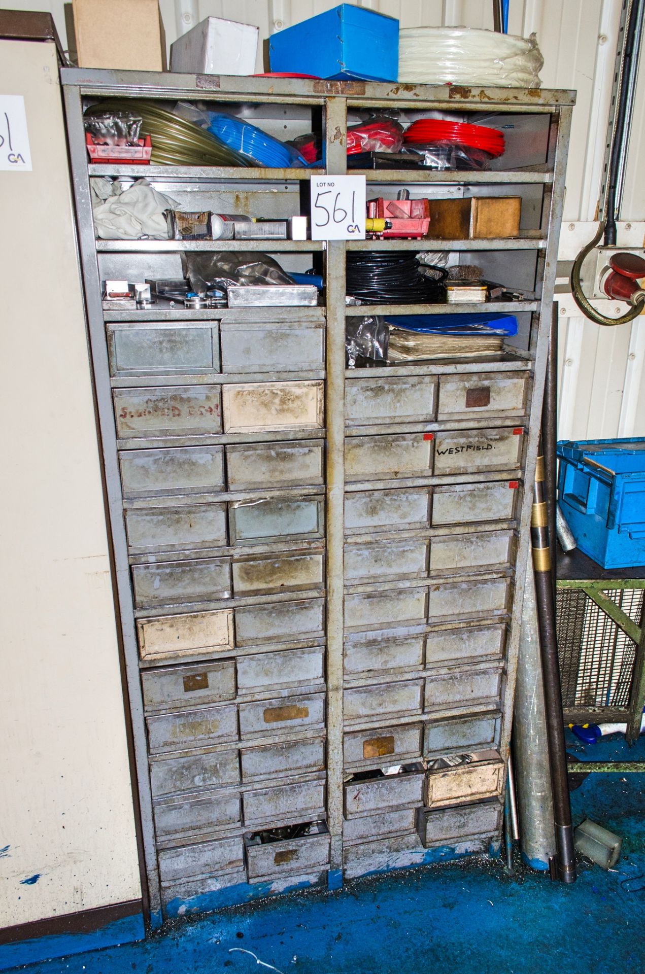 2 - double door steel cabinets & steel component drawer c/w contents as photographed