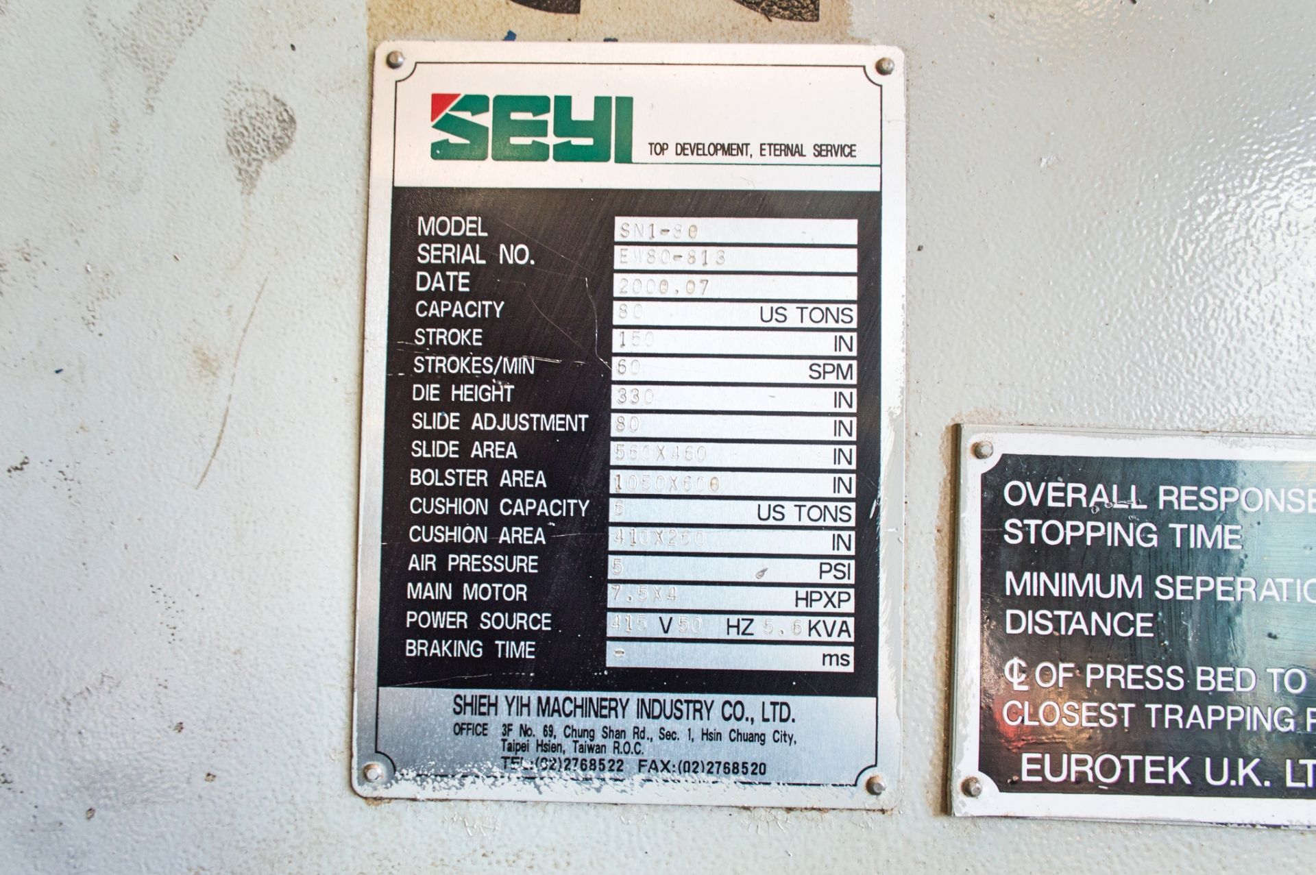 Seyi SN1-80 C frame 80 tonne mechanical power press Year of manufacture: 2000 S/N: EW80-813 c/w PA - Image 7 of 7