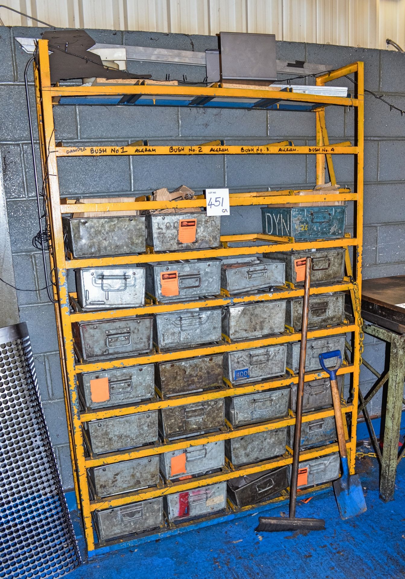 Steel parts rack c/w 27 steel parts bins and contents