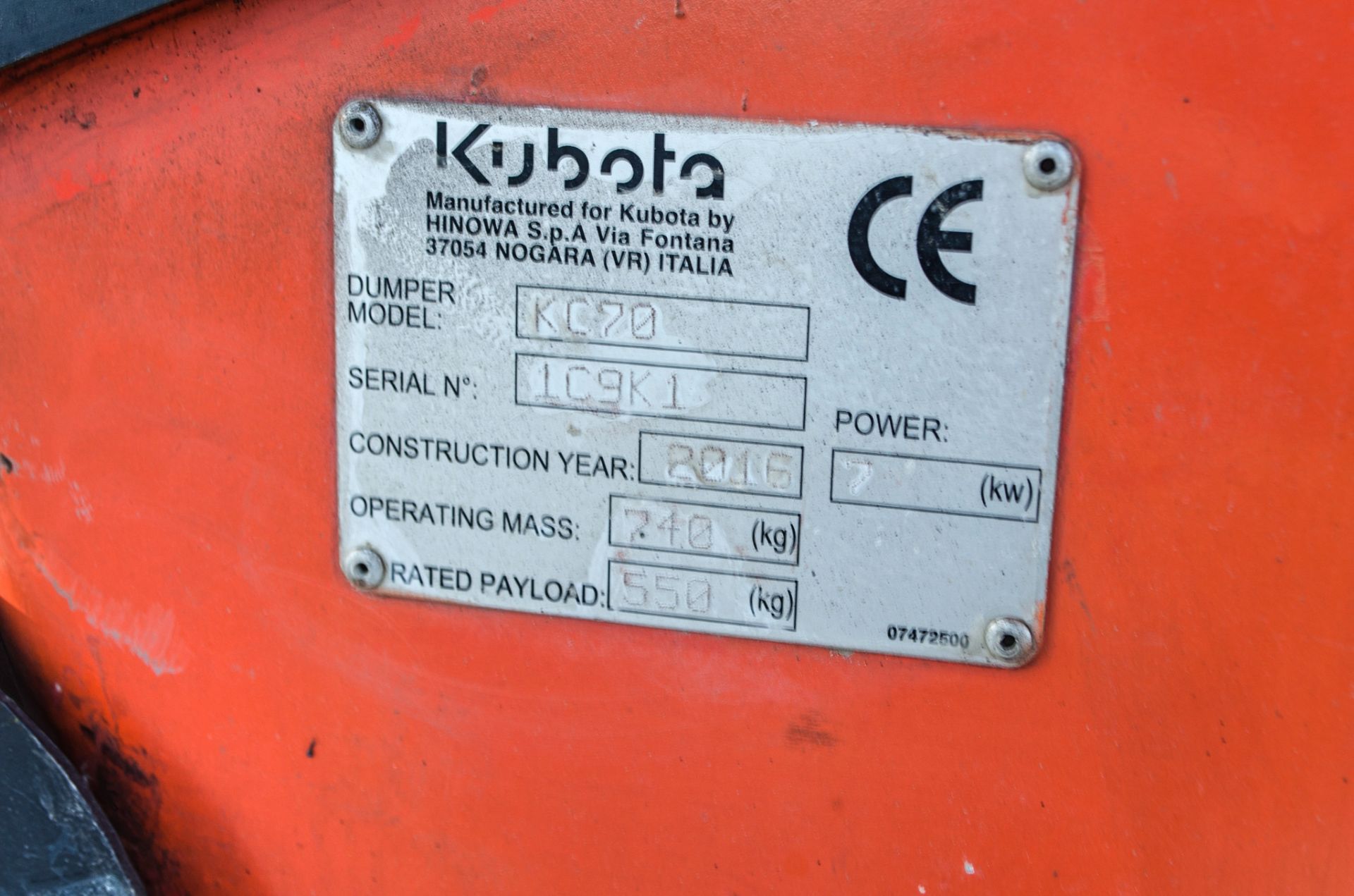 Kubota KC70 0.7 tonne hi-tip rubber tracked walked behind dumper Year: 2016 S/N: 1C9K1 PSL005 - Image 15 of 15