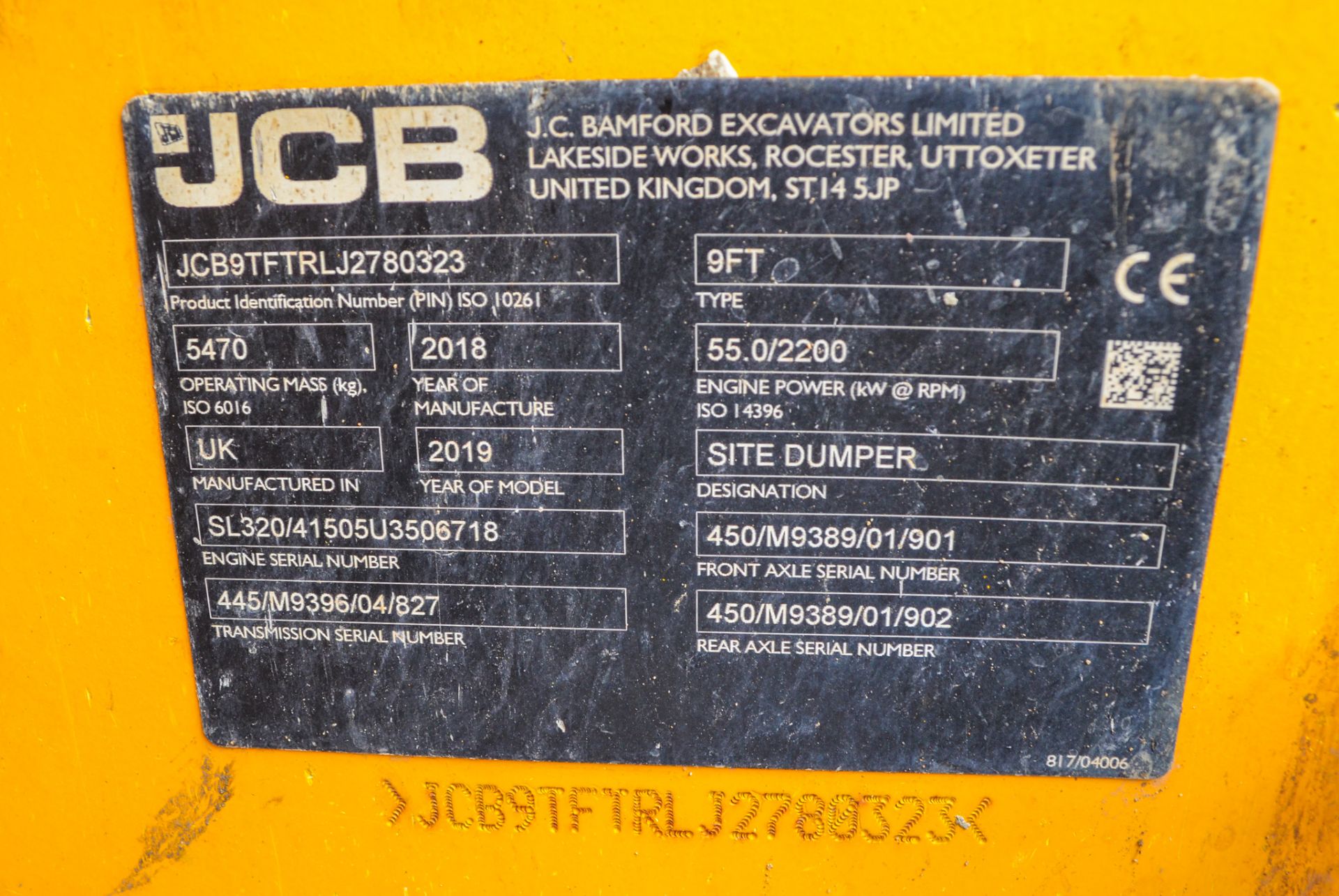 JCB 9FT 9 tonne straight skip dumper  Year: 2018 S/N: 2780323 ** note to bidders, this machine has - Image 18 of 19