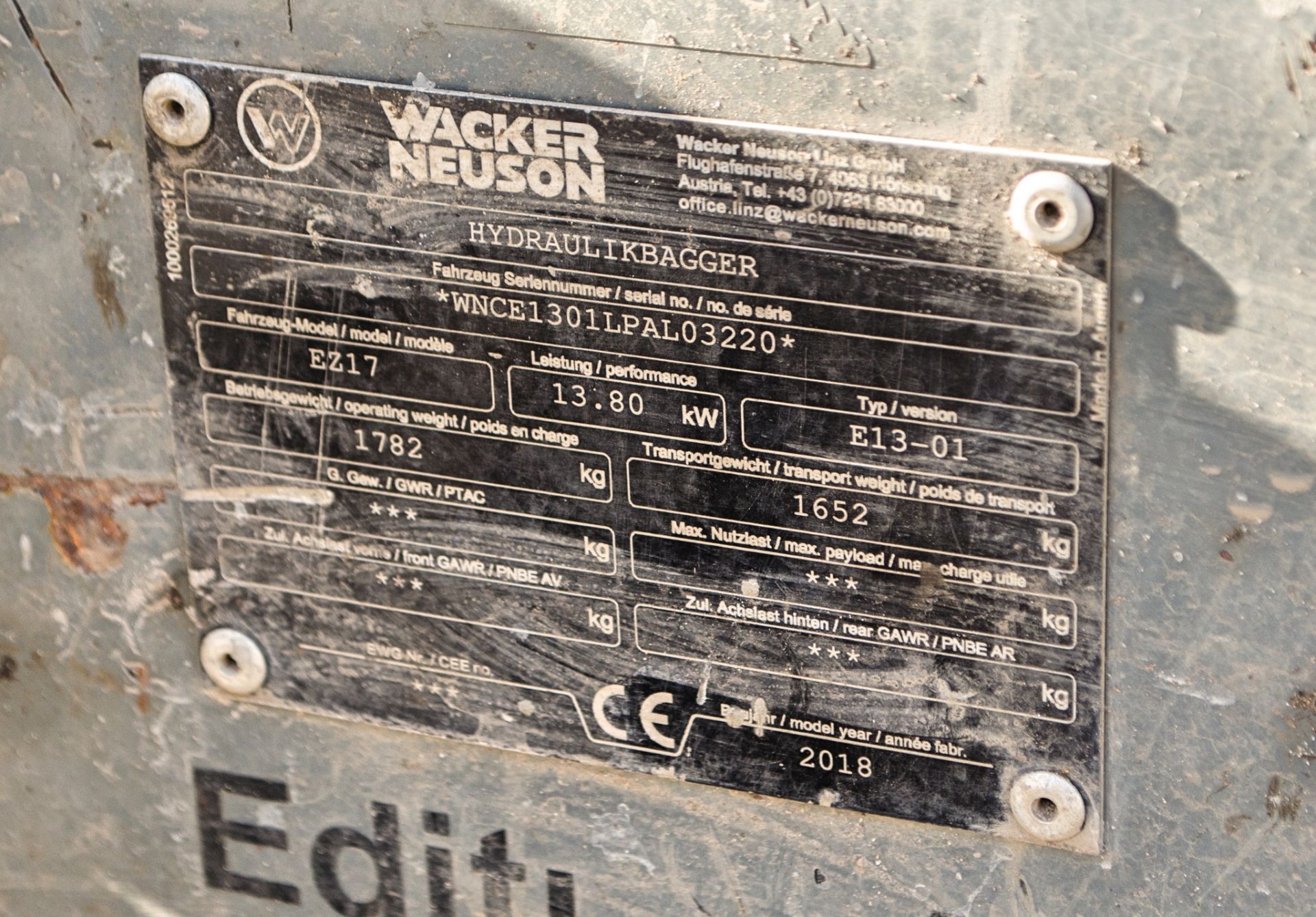 Wacker Neuson EZ17 1.6 tonne rubber tracked mini excavator Year: 2018 S/N: PAL032220 Recorded Hours: - Image 21 of 21