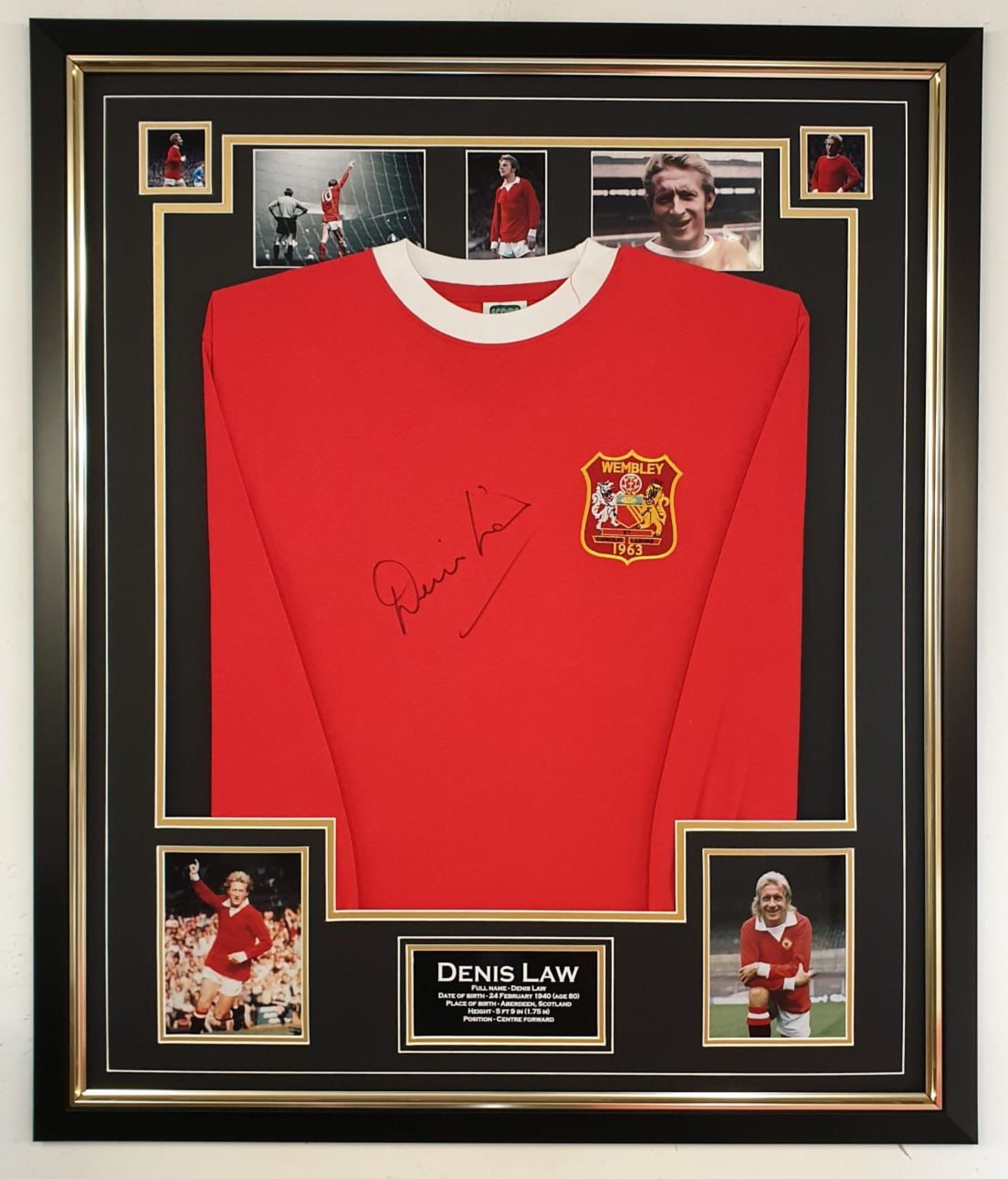 Denis Law signed framed Wembley 1963 Manchester United football shirt  ** A cost of £15 will be