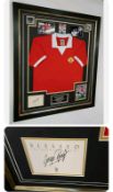 George Best framed Manchester United football shirt With signed card  ** A cost of £15 will be added