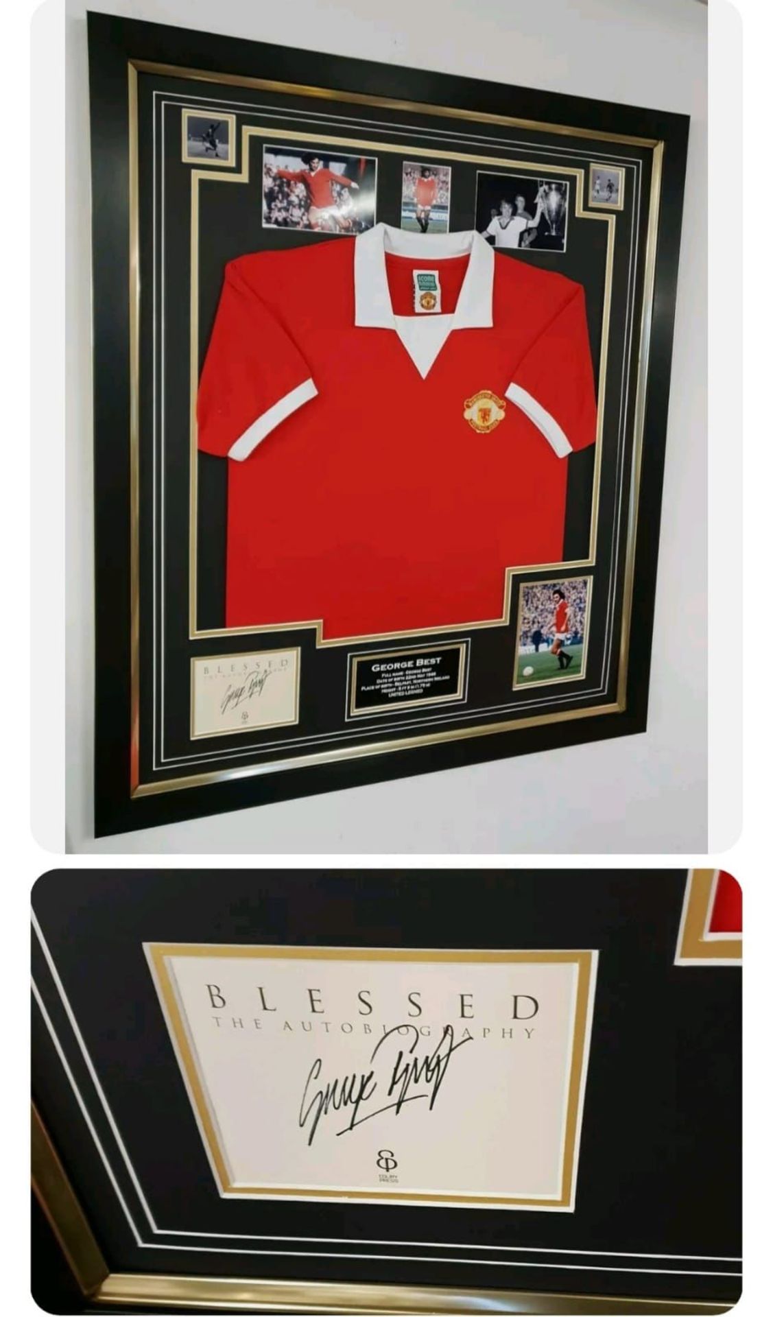 George Best framed Manchester United football shirt With signed card  ** A cost of £15 will be added