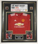 Framed Manchester United football shirt With Matt Busby Way sign signed by Manchester United players