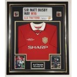 European Cup Final 1999 framed Manchester United football shirt with Alex Ferguson signed Matt Busby