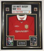 European Cup Final 1999 framed Manchester United football shirt with Alex Ferguson signed Matt Busby
