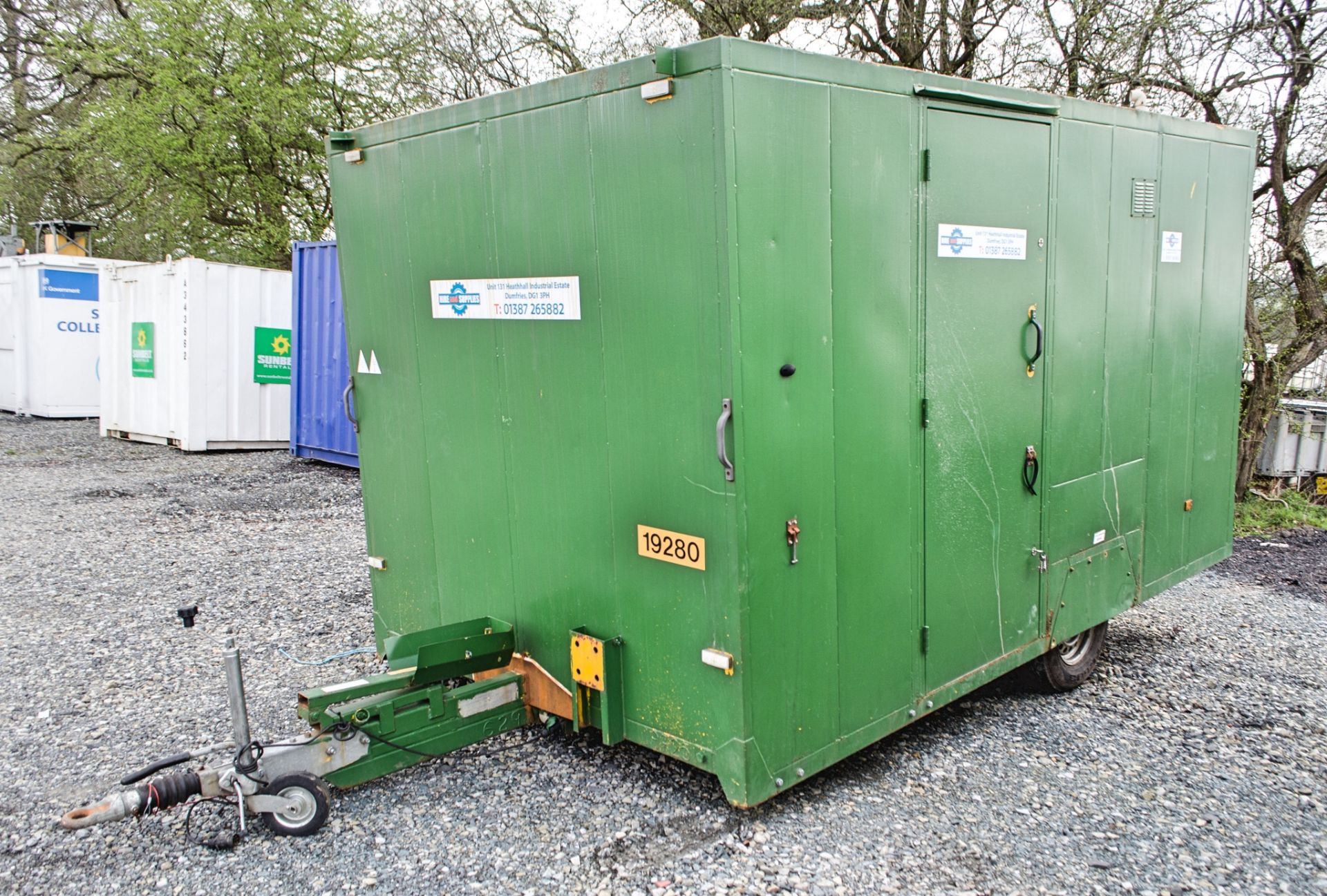12 ft x 7 ft steel anti vandal mobile welfare site unit Comprising of: canteen, toilet & generator