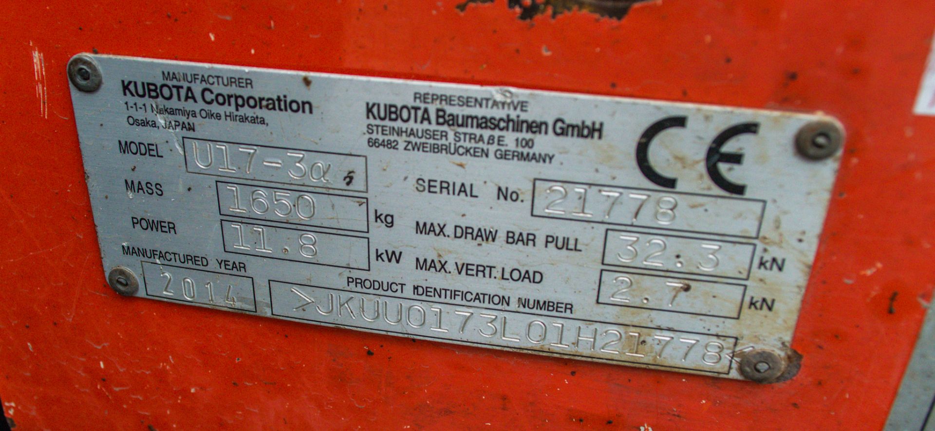 Kubota U17-3a 1.6 tonne rubber tracked mini excavator  Year: 2014 S/N: 21778 Recorded Hours: 2898 - Image 24 of 25