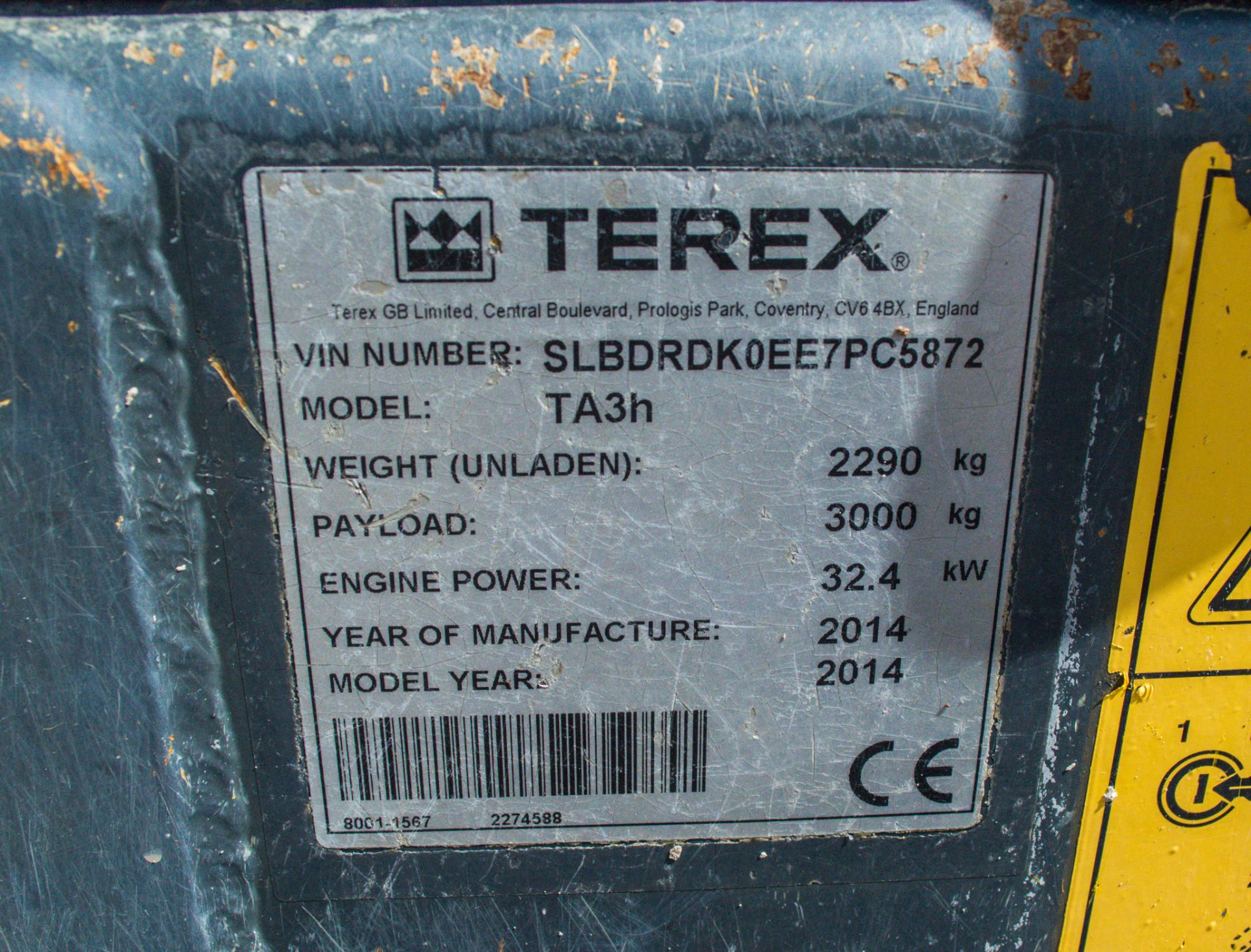 Terex TA3 3 tonne straight skip dumper  Year: 2014 S/N: PC5872 Recorded Hours: 2314 c/w Hydro-static - Image 19 of 20
