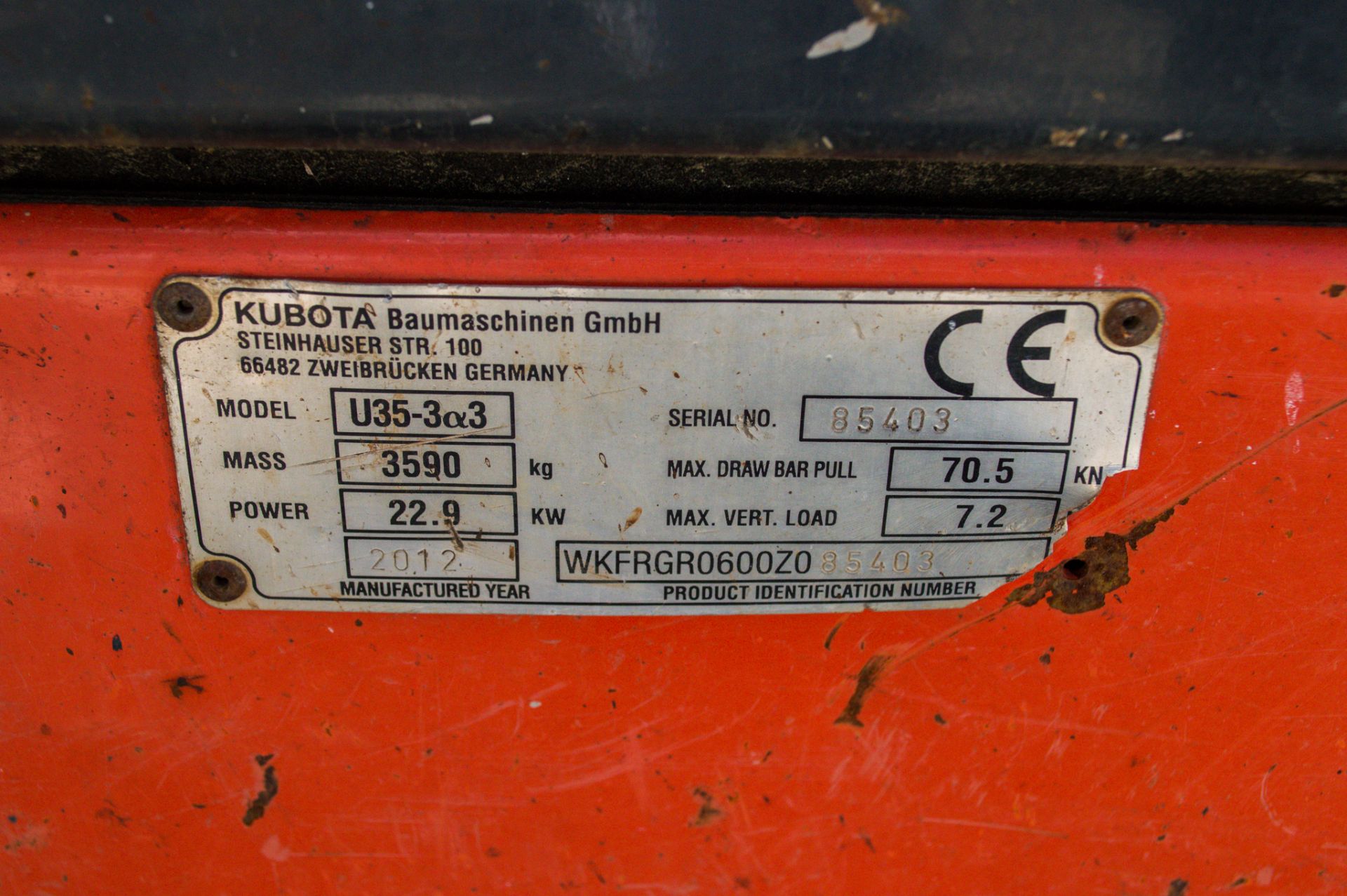 Kubota U35-3a3 3.6 tonne rubber tracked excavator Year: 2012 S/N: WKFRGR0600Z085403 Recorded - Image 21 of 21