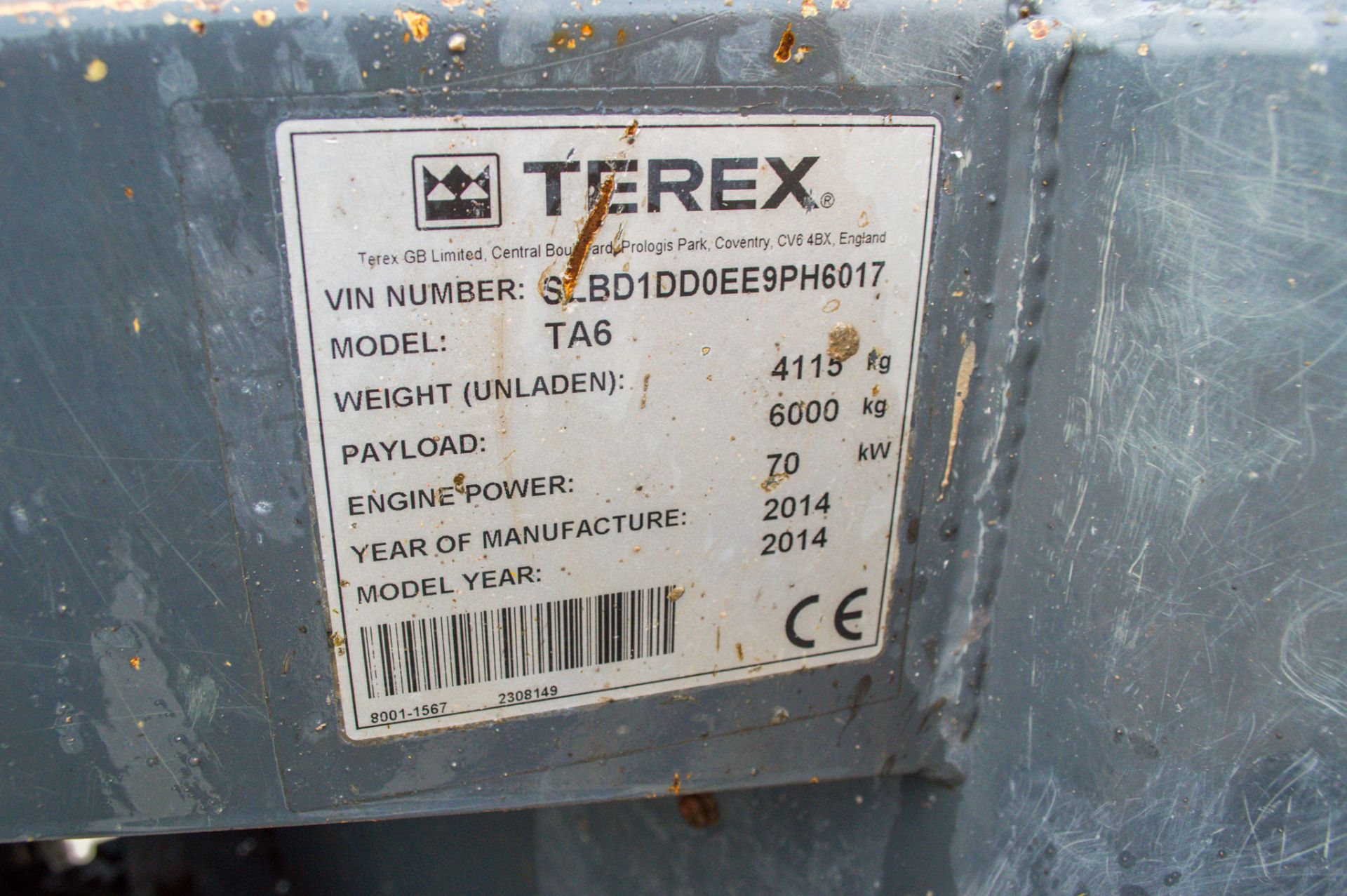 Terex TA6 6 tonne straight skip dumper Year: 2014 S/N: 9PH6017 Recorded Hours: 1295 - Image 21 of 22