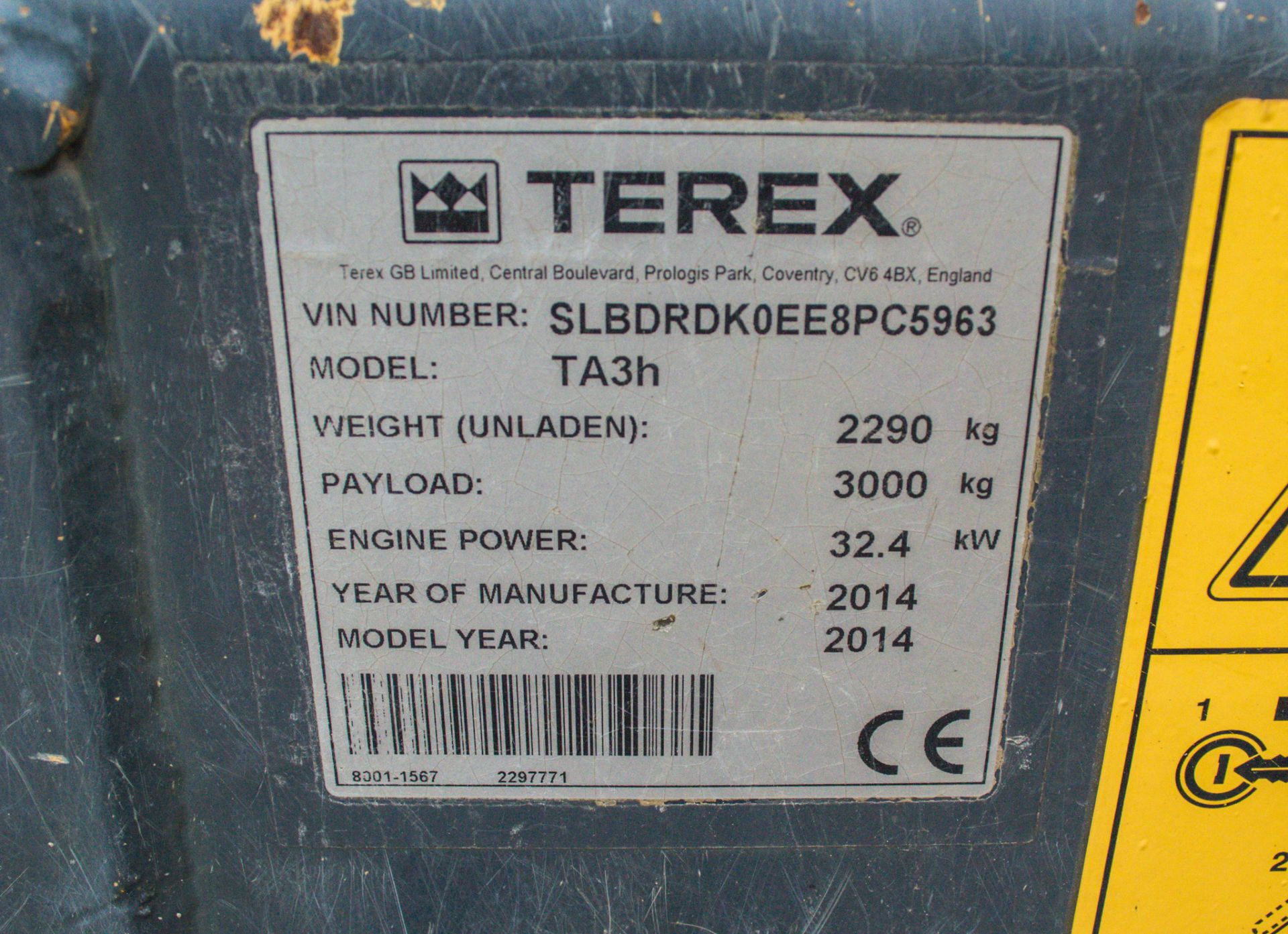 Terex TA3 3 tonne straight skip dumper Year: 2014 S/N: 8PC5963 Recorded Hours: 1839 - Image 22 of 23