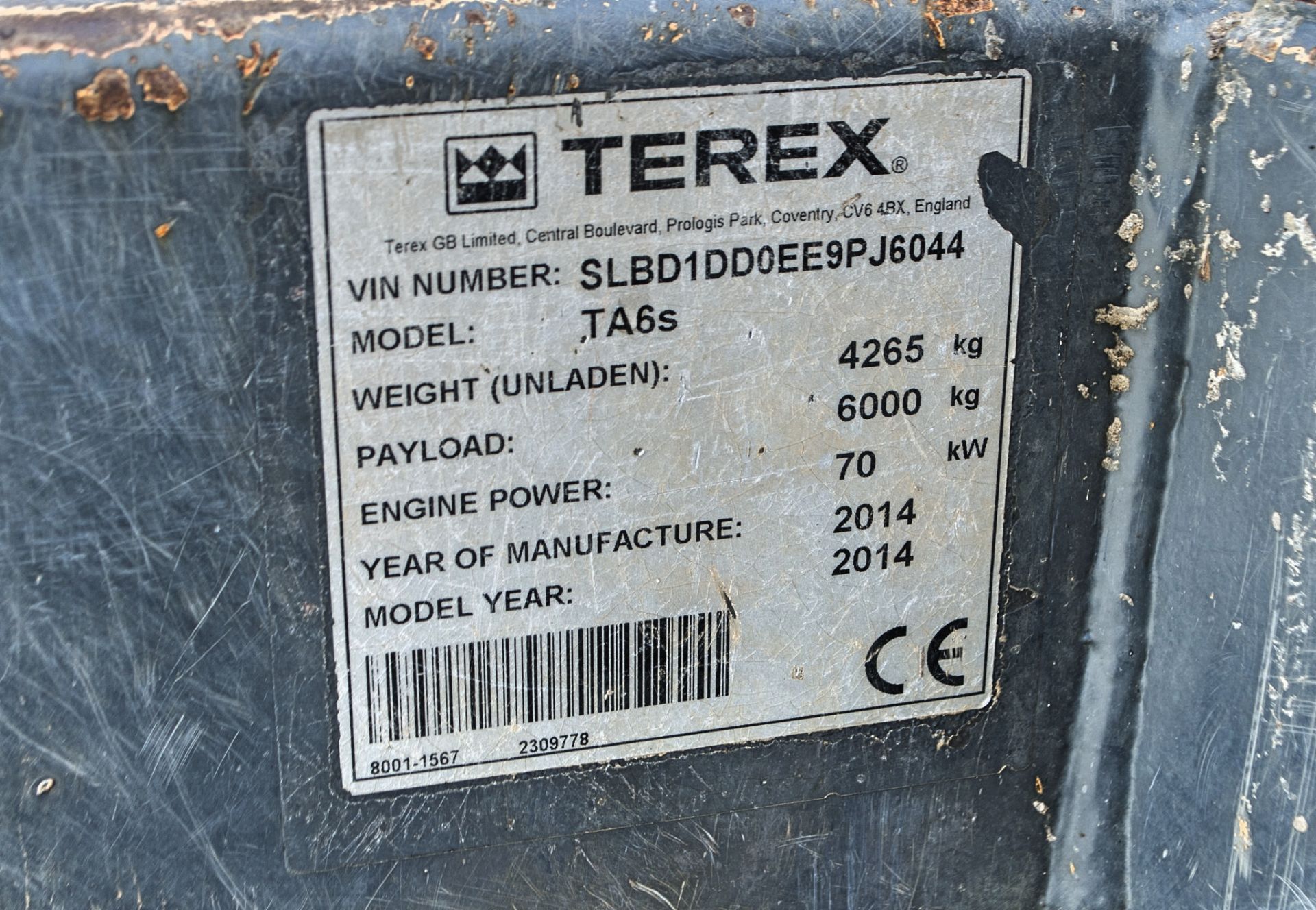 Terex TA6s 6 tonne swivel skip dumper Year: 2014 VIN: SLBD1DD0EE9PJ6044 Recorded Hours: 1811 Weight: - Image 21 of 21