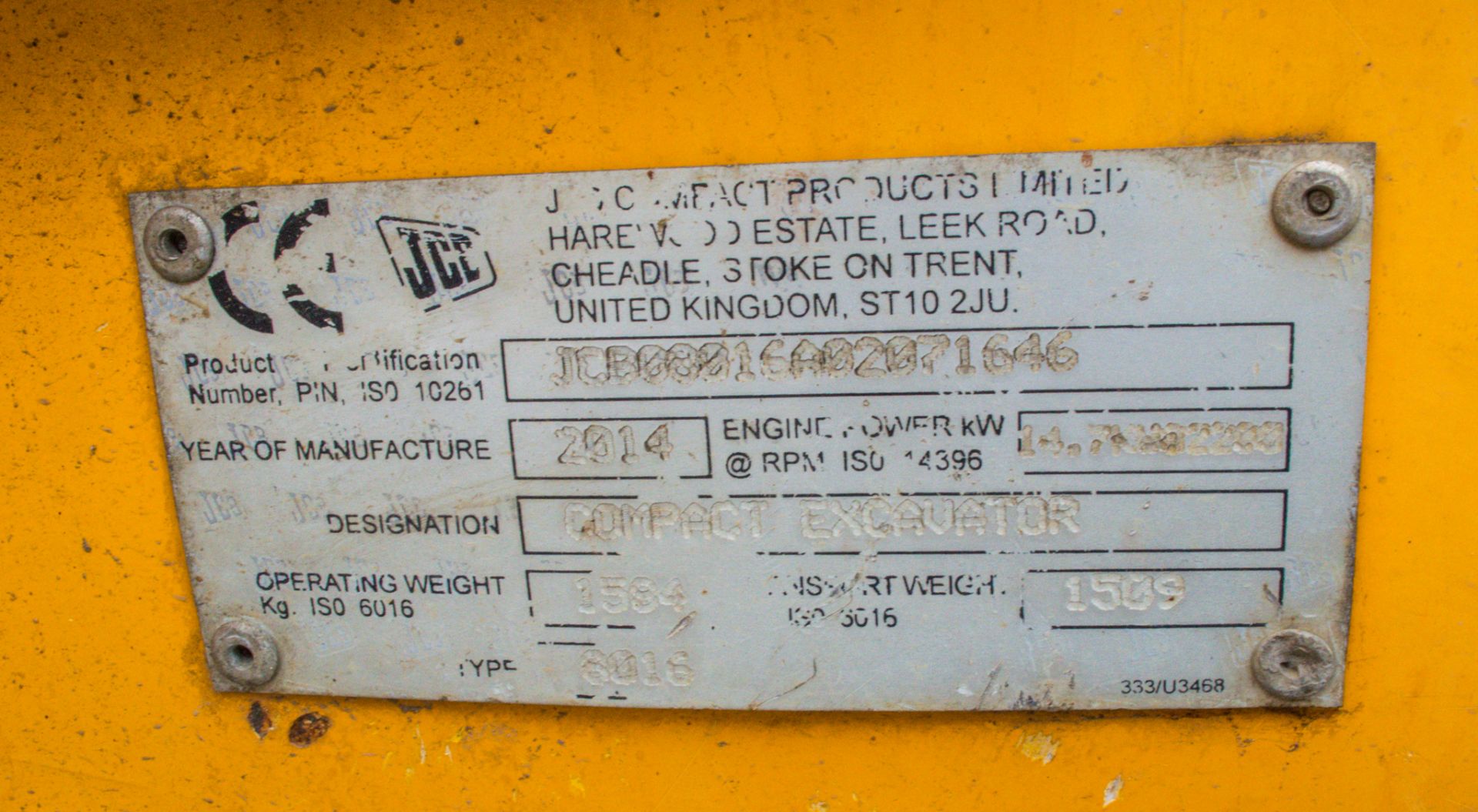 JCB 8016 CTS 1.6 tonne rubber tracked mini excavator Year: 2014 VIN: JCB08016A02071646 Recorded - Bild 20 aus 22