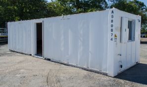 32 ft x 10 ft steel anti vandal canteen site unit c/w keys A580674 ** 1 door missing **