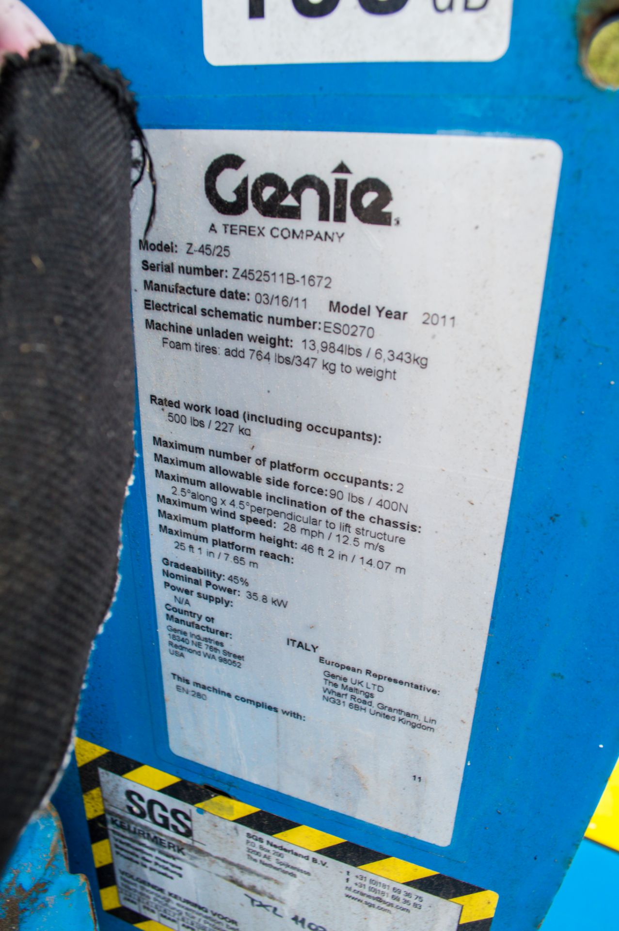Genie Z-45/25 45 foot diesel driven 4WD articulated boom lift Year: 2011 S/N: 11B-1672 Recorded - Image 14 of 15