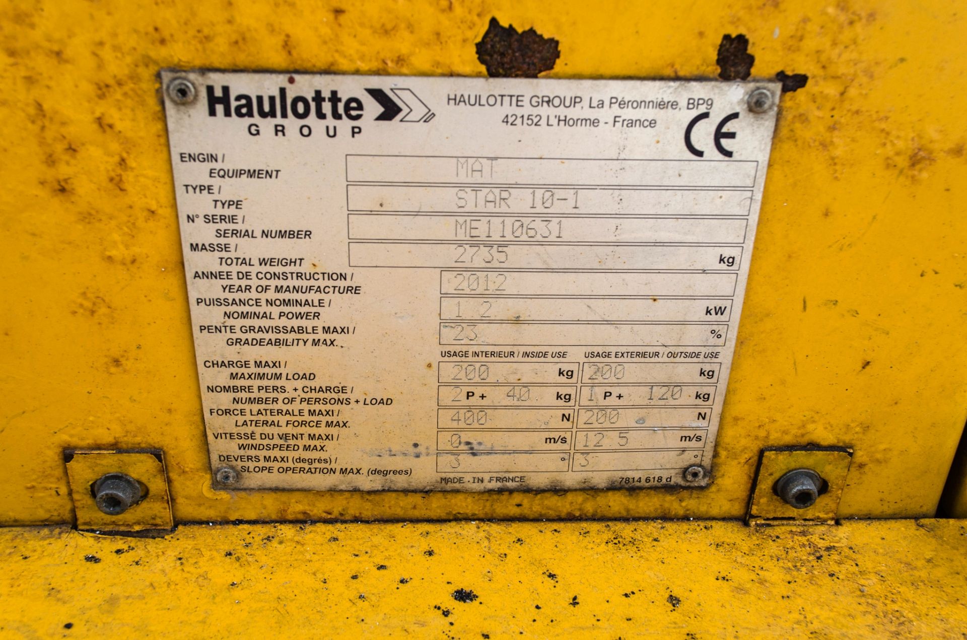 Haulotte Star 10-1 battery electric vertical mast access platform Year: 2012 S/N: ME110631 - Image 9 of 9