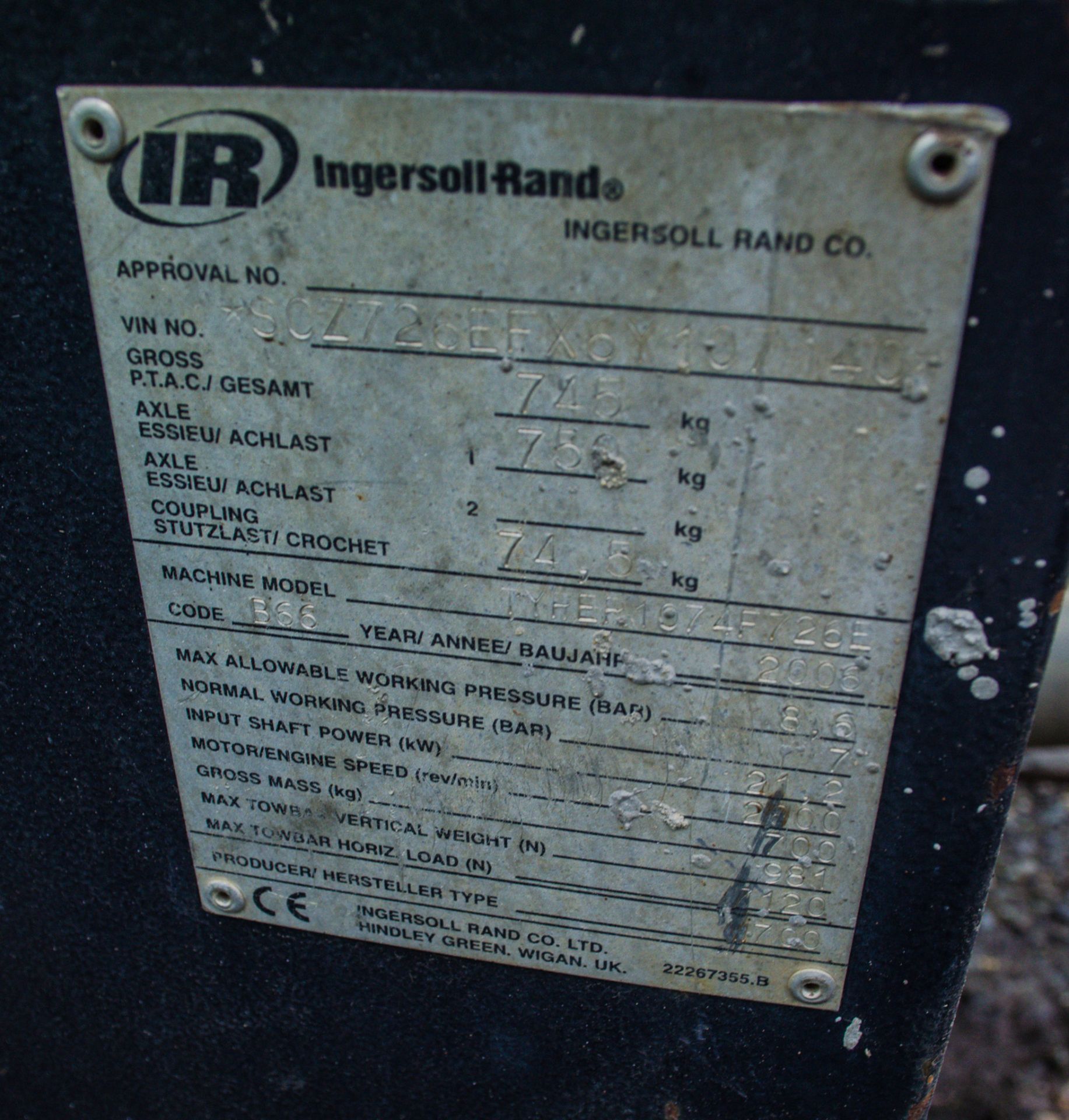 Ingersoll Rand 7/26E diesel driven fast tow air compressor Year: 2006 S/N: 107140 Recorded Hours: - Image 8 of 8