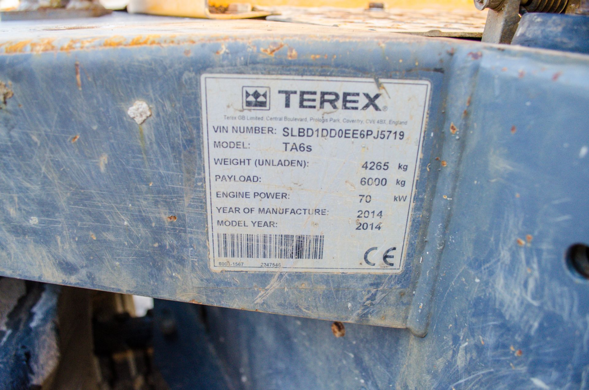 Terex TA6s 6 tonne swivel skip dumper  Year: 2014 S/N: PJ5719 Recorded Hours: 3652 A635129 - Image 22 of 23