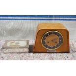 Smith's mantle clock and silver plate cigar box with BARC stamp. Key in clock