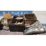 Quantity of assorted car light and mirrors to include Renault Laguna and Fiat Punto