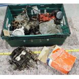 Box of assorted carburettors and water pump