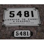 2 Enamel signs- 1950s/60s London taxi licence to Carry 4 Persons and Taxi Cab Number
