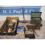 Blacksmith's tools, battery charger, winch, Miller mini spray compressor etc
