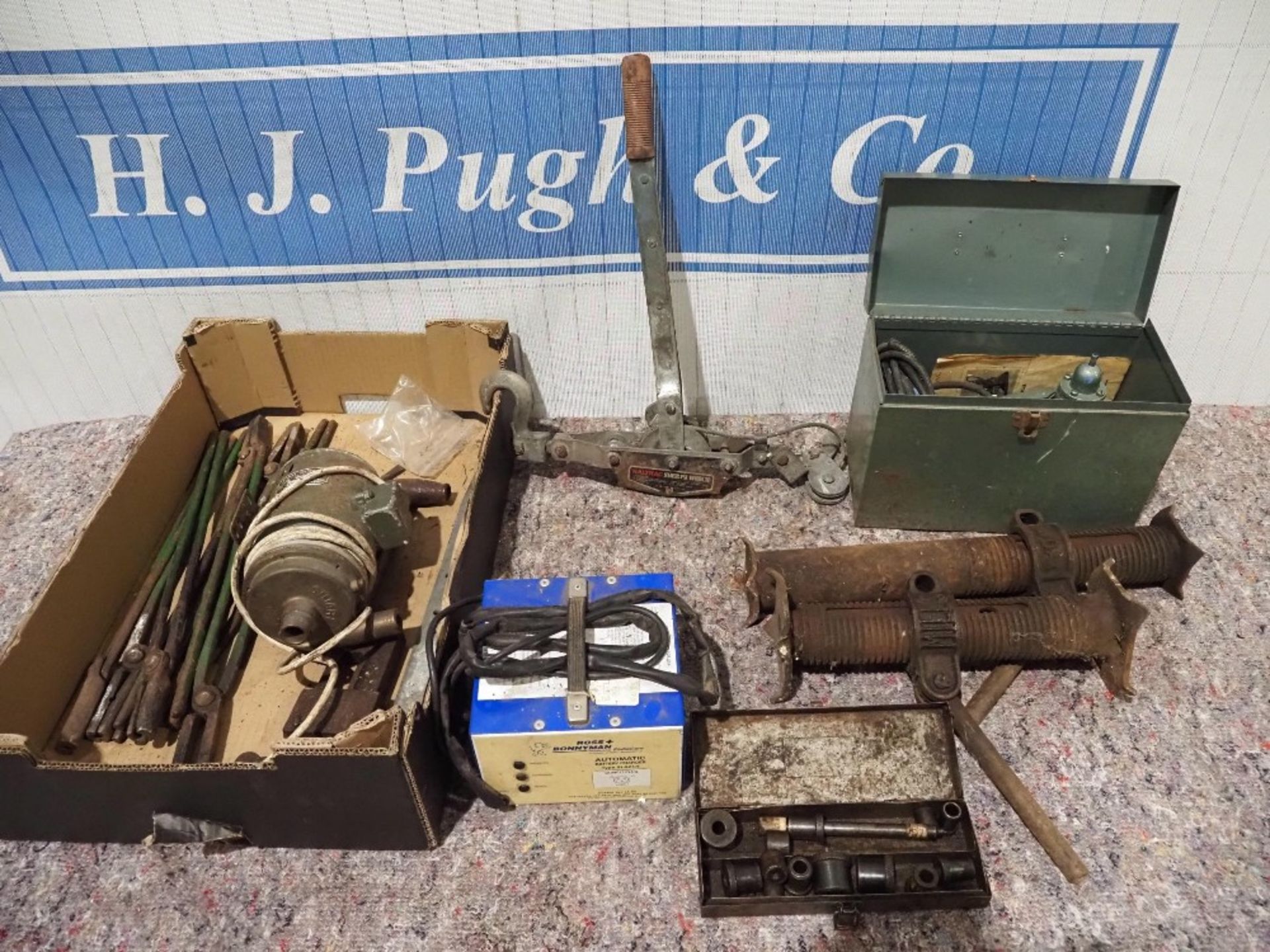 Blacksmith's tools, battery charger, winch, Miller mini spray compressor etc