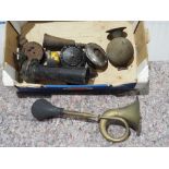 Box of assorted vintage car horns