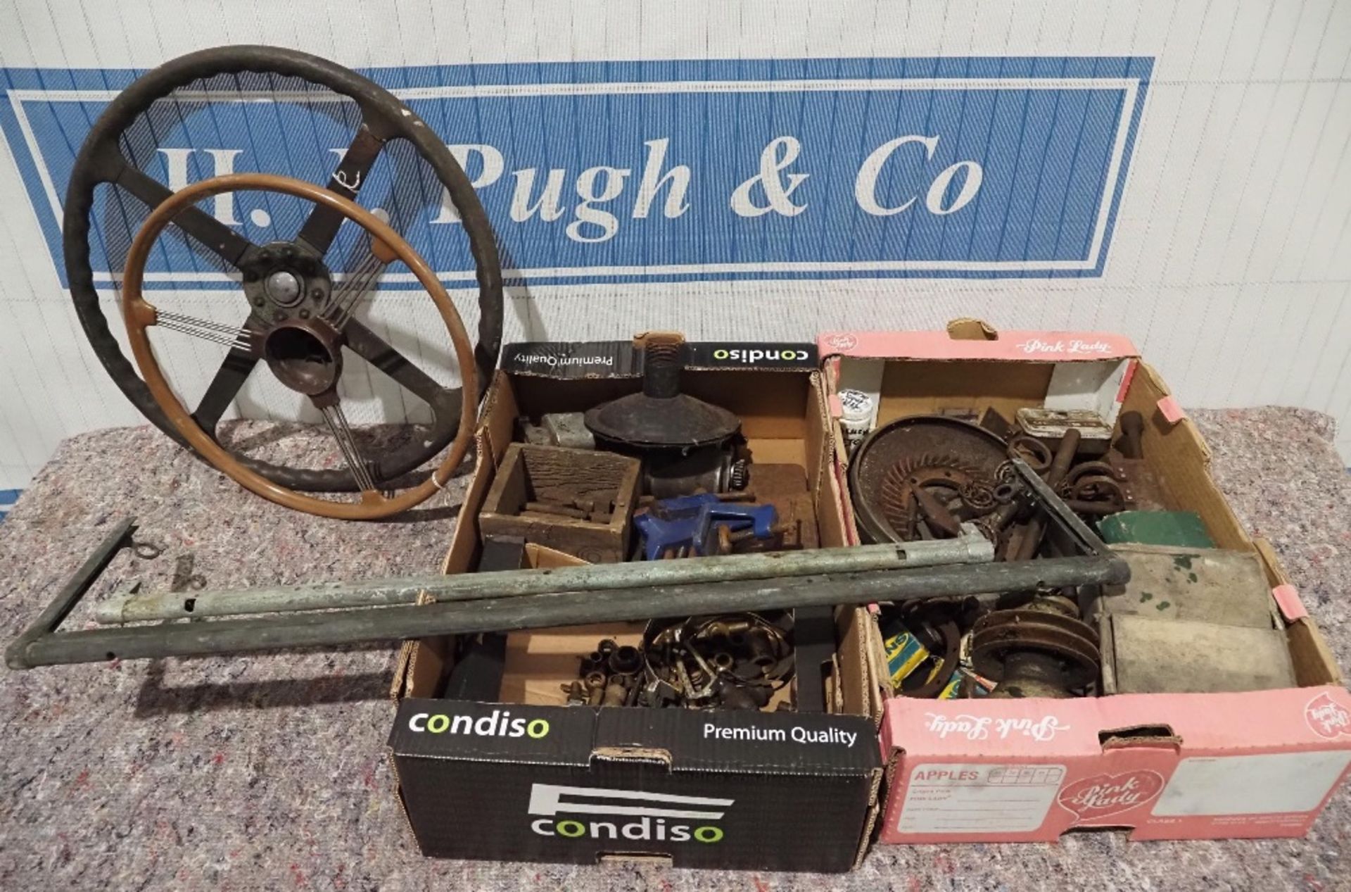 Quantity of vintage and classic car spares to include steering wheels, wind screen frames etc