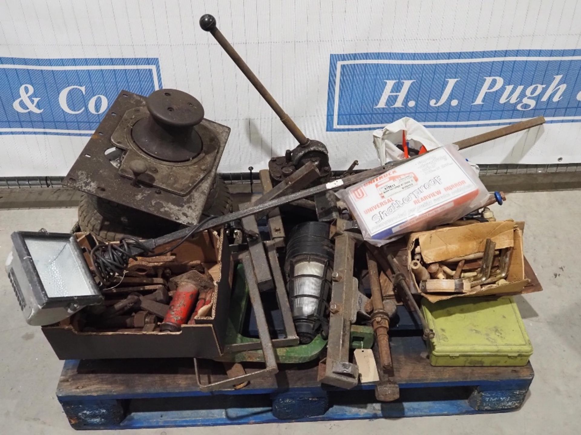 Pallet of car spares, tools, motor and workshop accessories