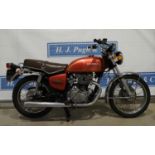 Honda CB500T motorcycle. 1975. Front brake needs sorting. Reg. JWK 431N. V5, key