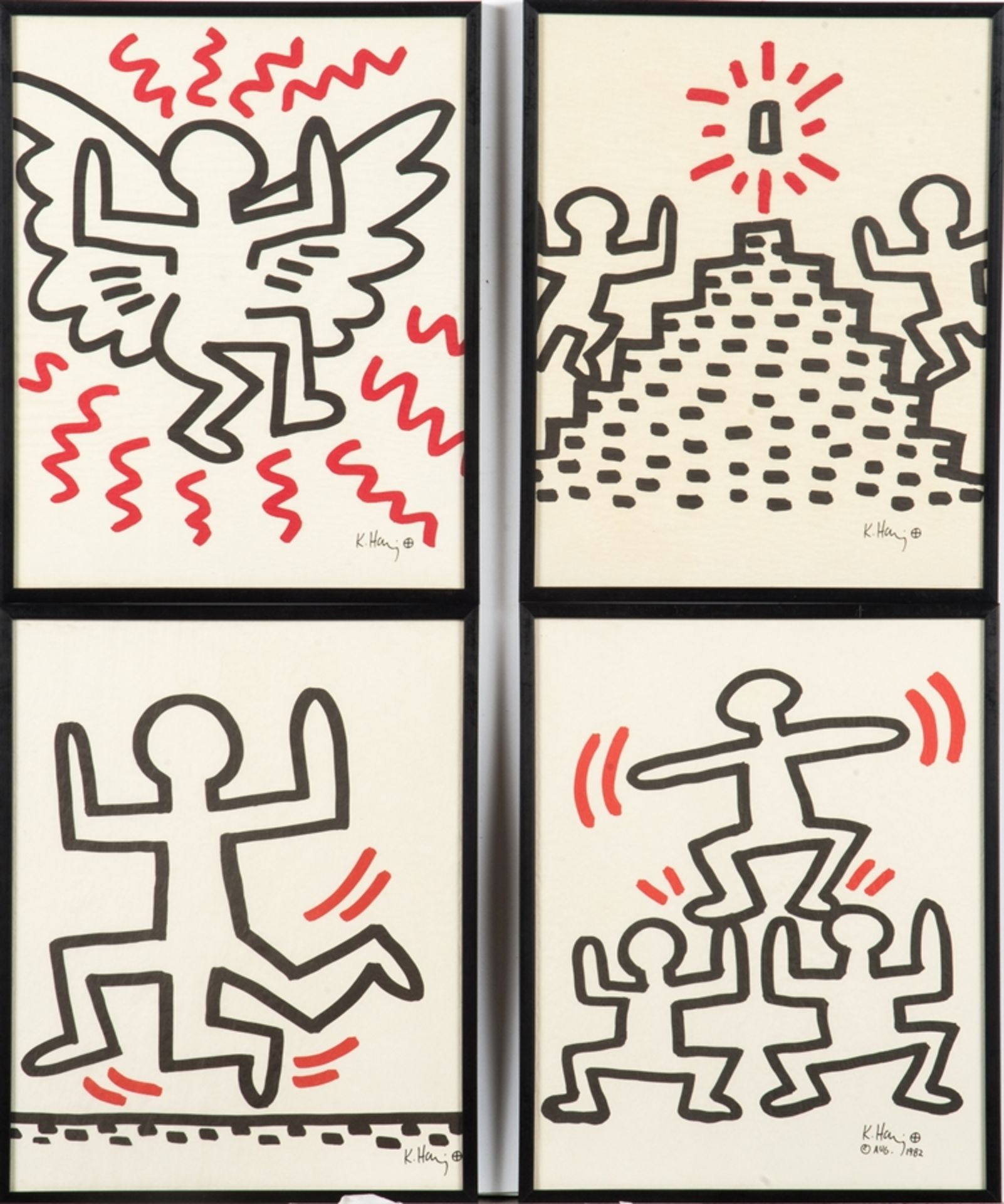 Set von 4 Keith Haring Offset Lithographien aus der Sali-Adalat Serie , Bayer Suite 1982. 