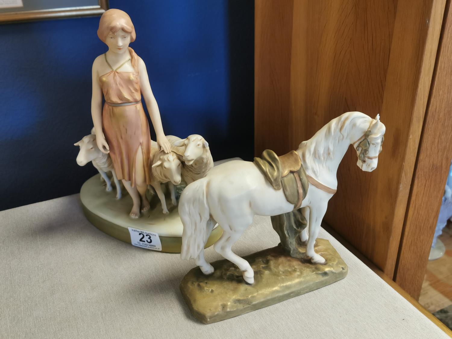 Pair of Farming Royal Dux Porcelain figurines, comprising shepherdess + sheep [2983], horse [