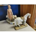 Pair of Farming Royal Dux Porcelain figurines, comprising shepherdess + sheep [2983], horse [