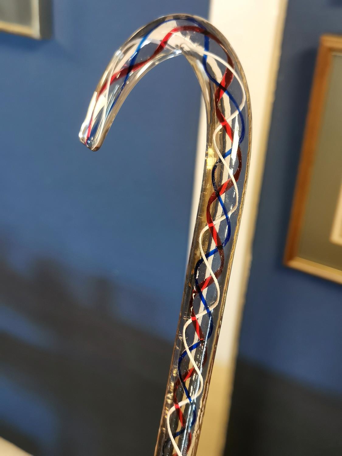 Beautiful Antique White Red & Blue Candy/Air-Twist Glass Shepherd's Crook Walking Cane, approx 3.