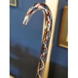 Beautiful Antique White Red & Blue Candy/Air-Twist Glass Shepherd's Crook Walking Cane, approx 3.
