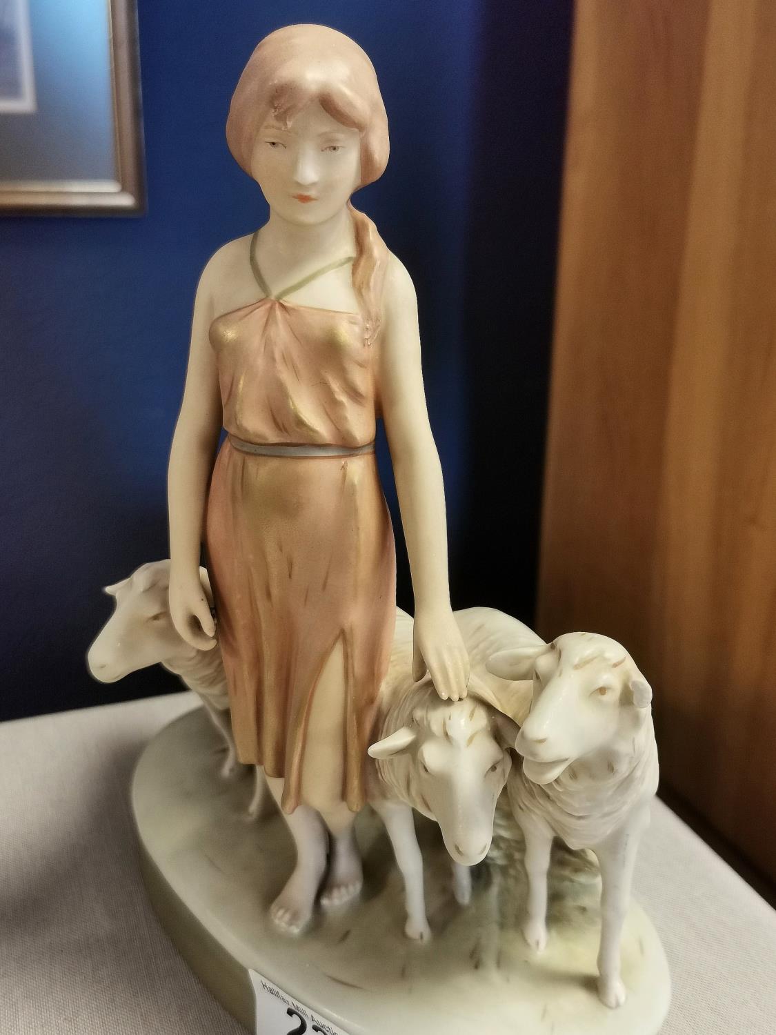 Pair of Farming Royal Dux Porcelain figurines, comprising shepherdess + sheep [2983], horse [ - Image 2 of 5