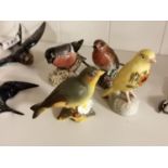 4x Small Pottery Bird Figures inc Beswick Robin, Greenfinch, Bullfinch + Crested Ware Norwich