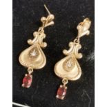 Pair of 9ct Gold, Diamond and Ruby Drop Earrings - total weight 7.9g