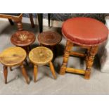 Quartet of Milking Stools w/ a Small Leather Topped Bar Stool