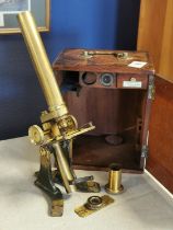 Arnold & Sons of Smithfield London Antique Vintage Brass Microscope, complete with lenses + wooden
